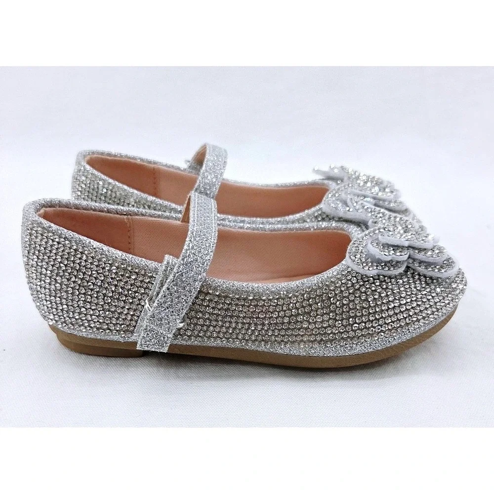 Link Sabina Kids Silver Rhinestone Butterfly Mary Jane Flats - Size 7